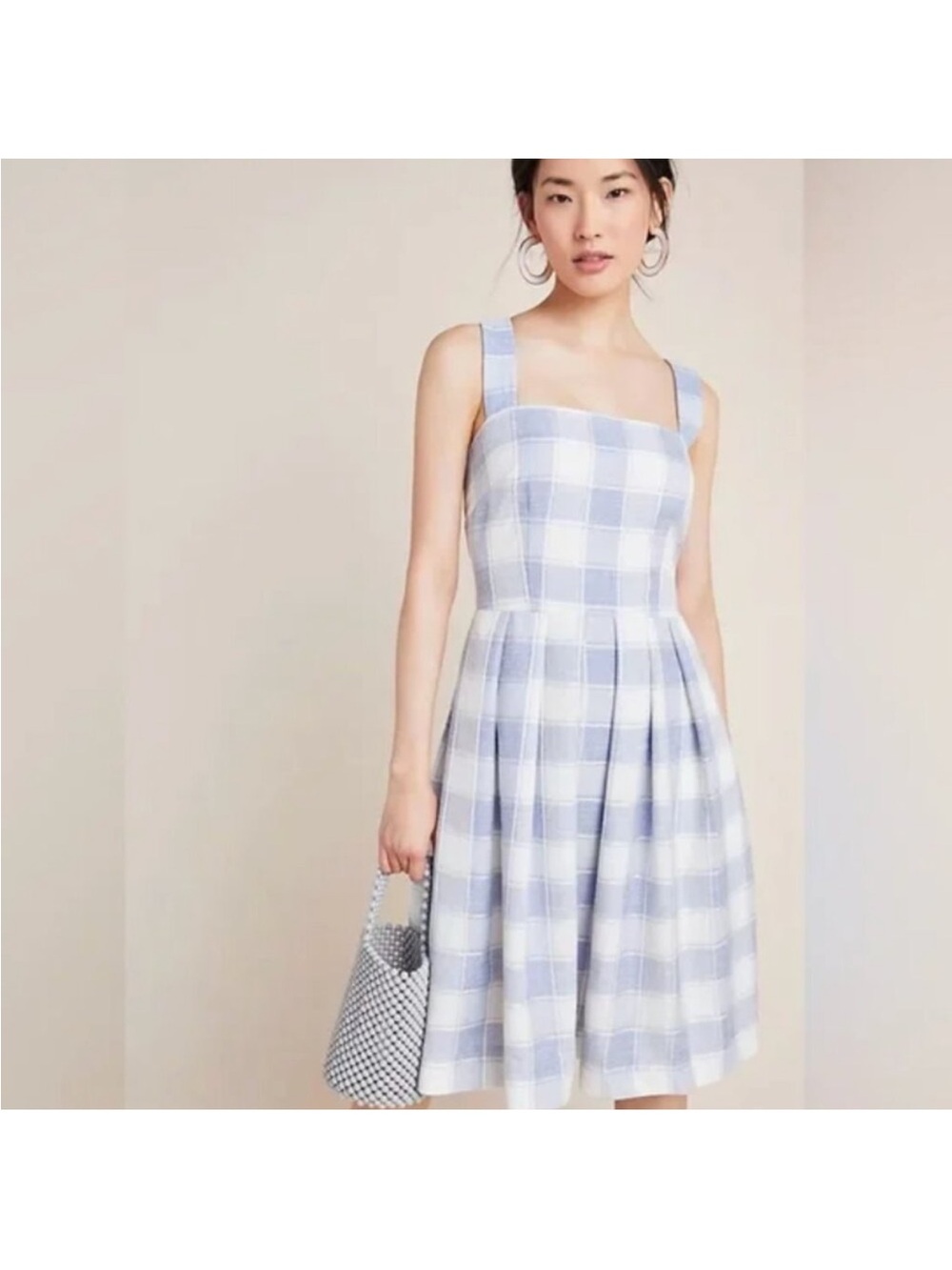 Gal Meets Glam Light Blue & White Checked Square-Neck Midi Dress